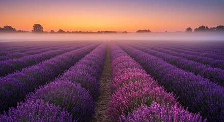 Fototapeta premium Misty Lavender Field at Sunrise: A Serene Landscape