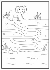 Help the elephant to find its way through the path, Maze worksheet animals, animals labyrinth activity for kids, black and white maze printable for kindergarten, maze coloring page