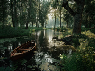 Ruderboot auf einem Waldfluss 