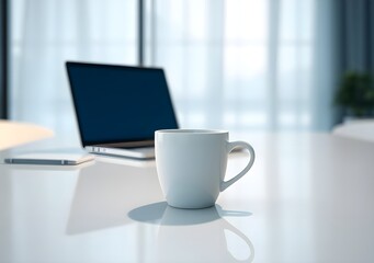 White coffee cup with laptop computer on office table for business concept, in clean office.
