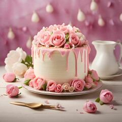 A beautifully decorated Mothers Day cake adorned with flowers and heartfelt lettering,
