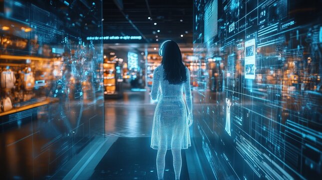 A smart AI hologram assistant guiding a user through a futuristic shopping experience