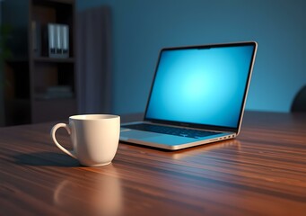 White coffee cup with laptop computer on office table for business concept, in clean office.