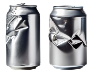 group of dented soda can in silver color isolated on white background