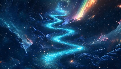 Mystical glowing stardust pathways weaving through a deep cosmic void surrounded by radiant auroras