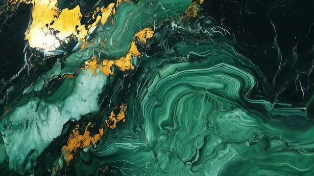 Abstract background of malachite green and gold liquid marble texture with veins and inclusions creating a luxurious art effect