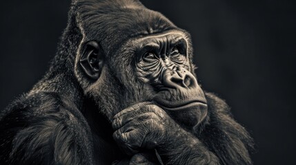 A close-up portrait of a gorilla, looking thoughtful with its head resting on its hand