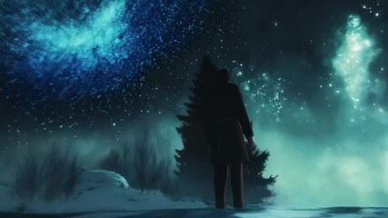 A lone figure in winter clothing stands beneath a star-filled night sky next to a tall pine tree on a snowy hill at night. - Powered by Adobe