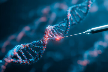 Macro image of a precision needle editing a glowing digital DNA strand, representing CRISPR genetic modification in a high-tech biomedical environment. ai generative