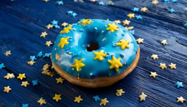Donuts with bluel sugar glaze and yellow star sprinklles on dark blue wooden background. Generated image