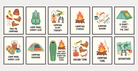 Vertical simple camping poster big set. Summer outdoor activity brochure with hiking and camping logo, nature recreation concept. Flyer banner for forest adventure, summer travel camp illustration.