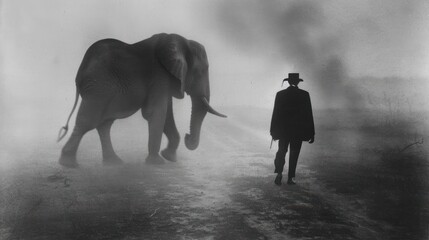 Obraz premium A man in a hat walks towards an elephant in a dusty, foggy environment