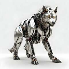 A futuristic robotic wolf with metallic fur, sharp angular features, and glowing accents,