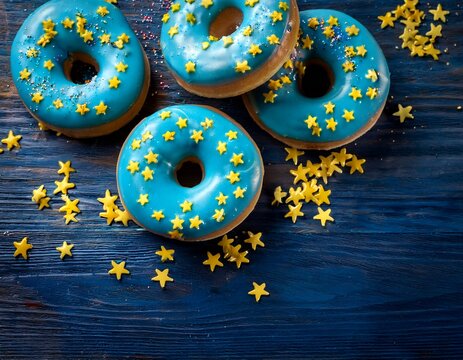 Donuts with bluel sugar glaze and yellow star sprinklles on dark blue wooden background. Generated image