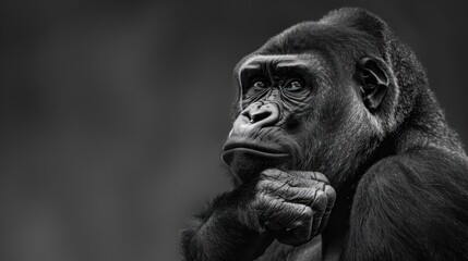 Obraz premium A black and white photograph of a gorilla looking thoughtfully at something out of frame