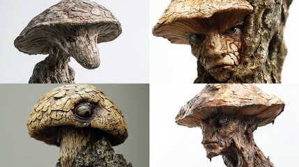 Sculpted mushroom-like figures with expressive faces