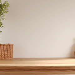 A cozy, minimalist setting featuring a woven basket with greenery placed on a wooden shelf. The neutral background and natural textures create a calm and inviting atmosphere.