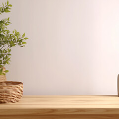 A cozy, minimalist setting featuring a woven basket with greenery placed on a wooden shelf. The neutral background and natural textures create a calm and inviting atmosphere.