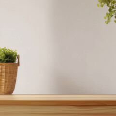 A cozy, minimalist setting featuring a woven basket with greenery placed on a wooden shelf. The neutral background and natural textures create a calm and inviting atmosphere.