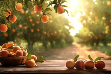 A basket of ripe peaches sits on a wooden table with several peaches scattered around it, set against a vibrant orchard backdrop bathed in warm, golden sunlight. 