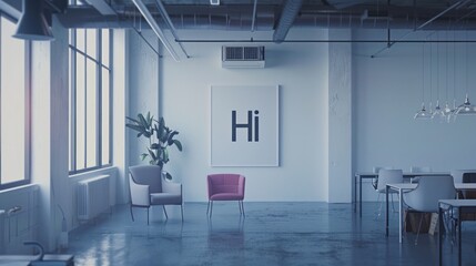 Fototapeta premium A minimalist office with large windows, concrete floors, and a simple white sign with the word Hi on it