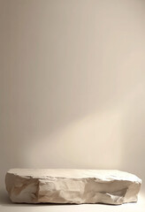 A subtle and calming scene with a large stone surface placed against a simple backdrop, lit by gentle light, emphasizing natural beauty and minimalism.