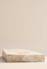 A rectangular marble pedestal with soft beige veining is set against a smooth, neutral background. The minimalist setup evokes elegance, simplicity, and a modern aesthetic.