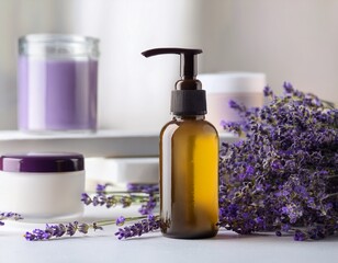 Cosmetic product based on lavender flowers on white table with lilac lavender flowers. Generated image