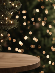 A minimalist Christmas scene with a blurred Christmas tree decorated with lights, and a simple wooden table in the foreground, evoking a peaceful holiday vibe.