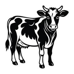 Cow animal vector silhouette with a white background, drawn in a woodcut style with simple line art