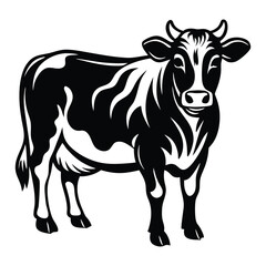 Cow animal vector silhouette with a white background, drawn in a woodcut style with simple line art