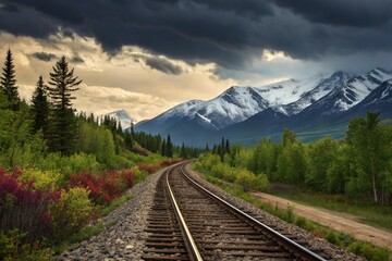 Fototapeta premium Scenic railway tracks winding through lush green forest towards majestic snow capped mountains