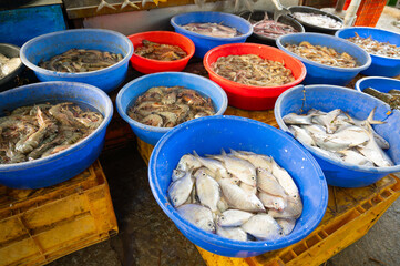 Fish market in Kochi India, market stall with freshly caught seafood, fishing industry at the Arabian Sea