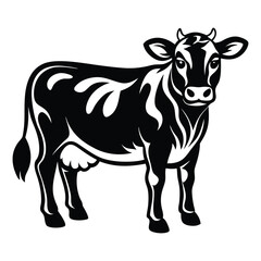 Cow animal vector silhouette with a white background, drawn in a woodcut style with simple line art