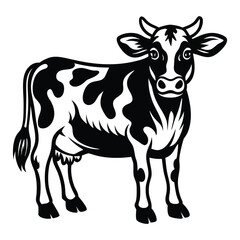 Cow animal vector silhouette with a white background, drawn in a woodcut style with simple line art