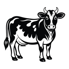 Cow animal vector silhouette with a white background, drawn in a woodcut style with simple line art