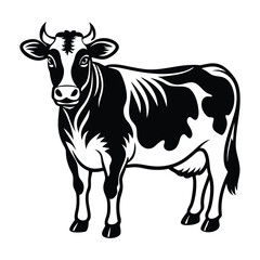 Cow animal vector silhouette with a white background, drawn in a woodcut style with simple line art