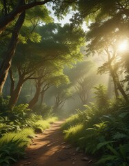 Naklejka premium Golden sunlight streams through lush green canopy, illuminating forest floor , green, trees