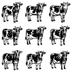 Cow animal vector silhouette with a white background, drawn in a woodcut style with simple line art