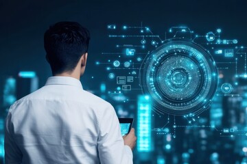 Man Analyzing Digital Data in Urban Nightscape with Technology Interface