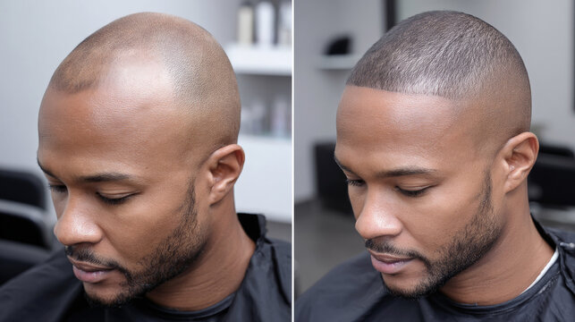 Before and after image of scalp micropigmentation treatment on man in barbershop.