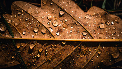 Fototapeta premium Close Up Of Brown Fallen Leaf With Water Droplets On Surface