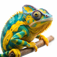 Obraz premium A striking yellow and blue panther chameleon, isolated on white, showcasing its vivid colors and textured