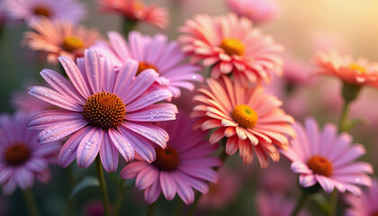 Obraz premium Pink daisies with dew drops in a sunlit garden 