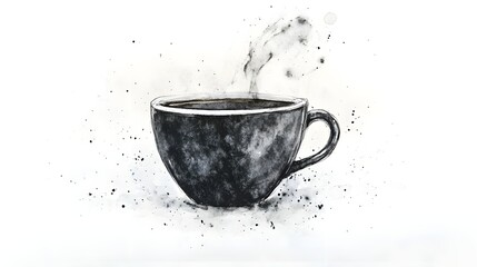 A grayscale illustration of a steaming mug of dark coffee.