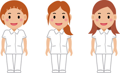 笑顔で両手を下ろし、白制服を着た看護師の女性。その2