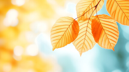Close-up of autumn leaves in soft tones, surrounded by vibrant yellow and orange foliage on a bright sunny day, creating a magical and serene atmosphere.