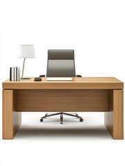 Clean modern executive office setup with desk chair lamp and books on white background front view studio shot