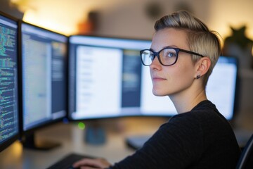 Young Professional Female Coder Working at Dual Computer Monitors