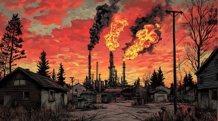  An oil refinery spewing toxic gases into the sky above a residential area 